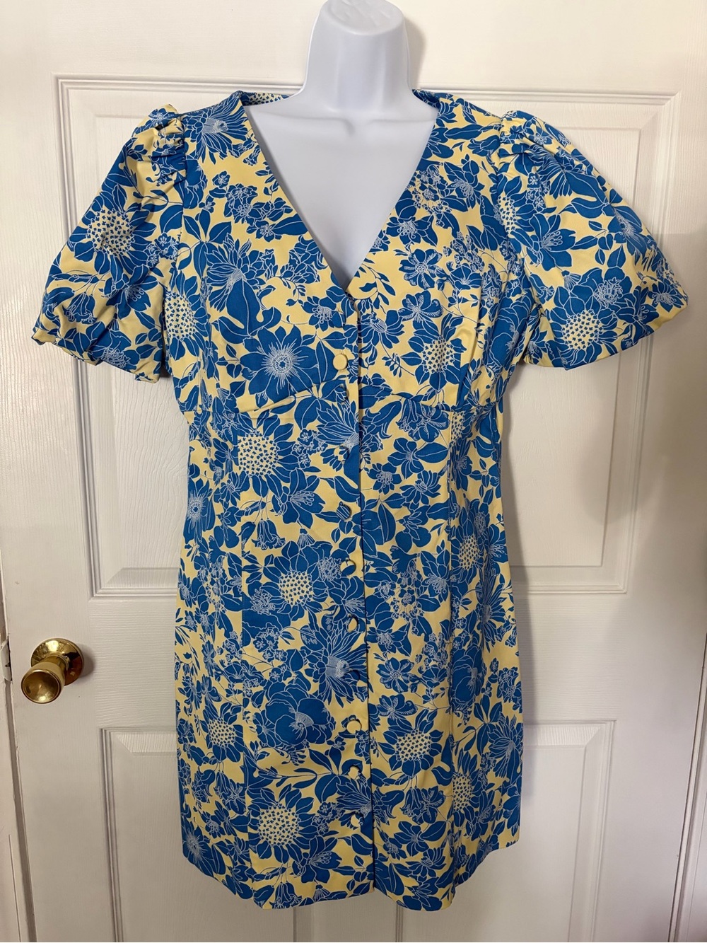 J. Crew Yellow and Blue Floral V-Neck Mini Dress